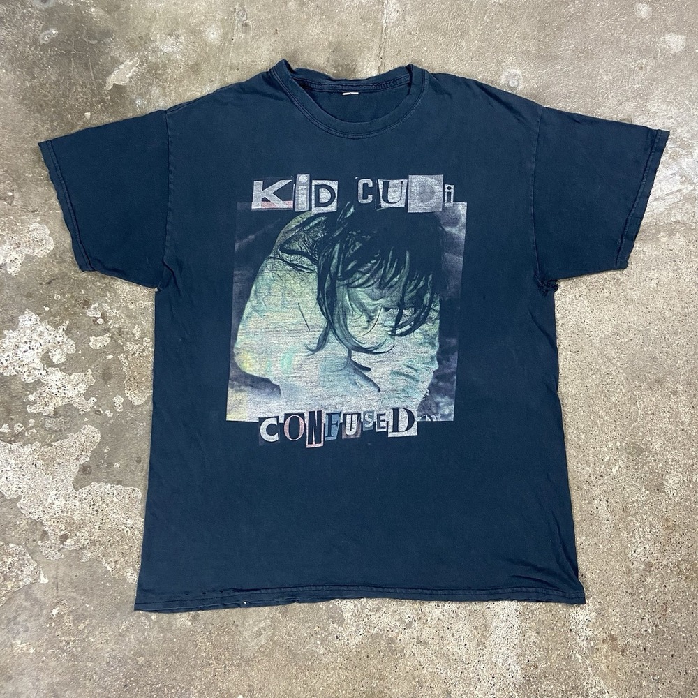 Kid Cudi Confused T-Shirt Size Large Black Distressed Rap Music Graphic